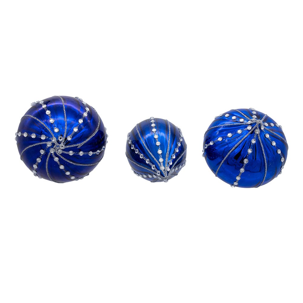Kurt Adler 80MM Glass Shiny Blue Gemmed Onion, Finial and Ball 3-Piece Ornament Set